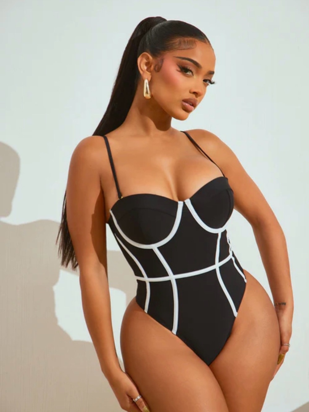 Black One-Piece Bustier Swimwear with White Piping